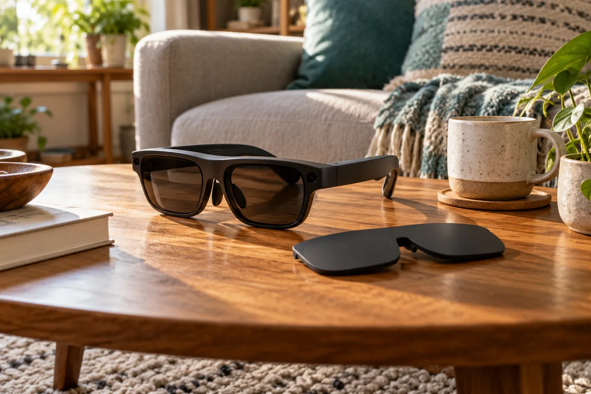 Display glasses and a detachable dark cover on a coffee table