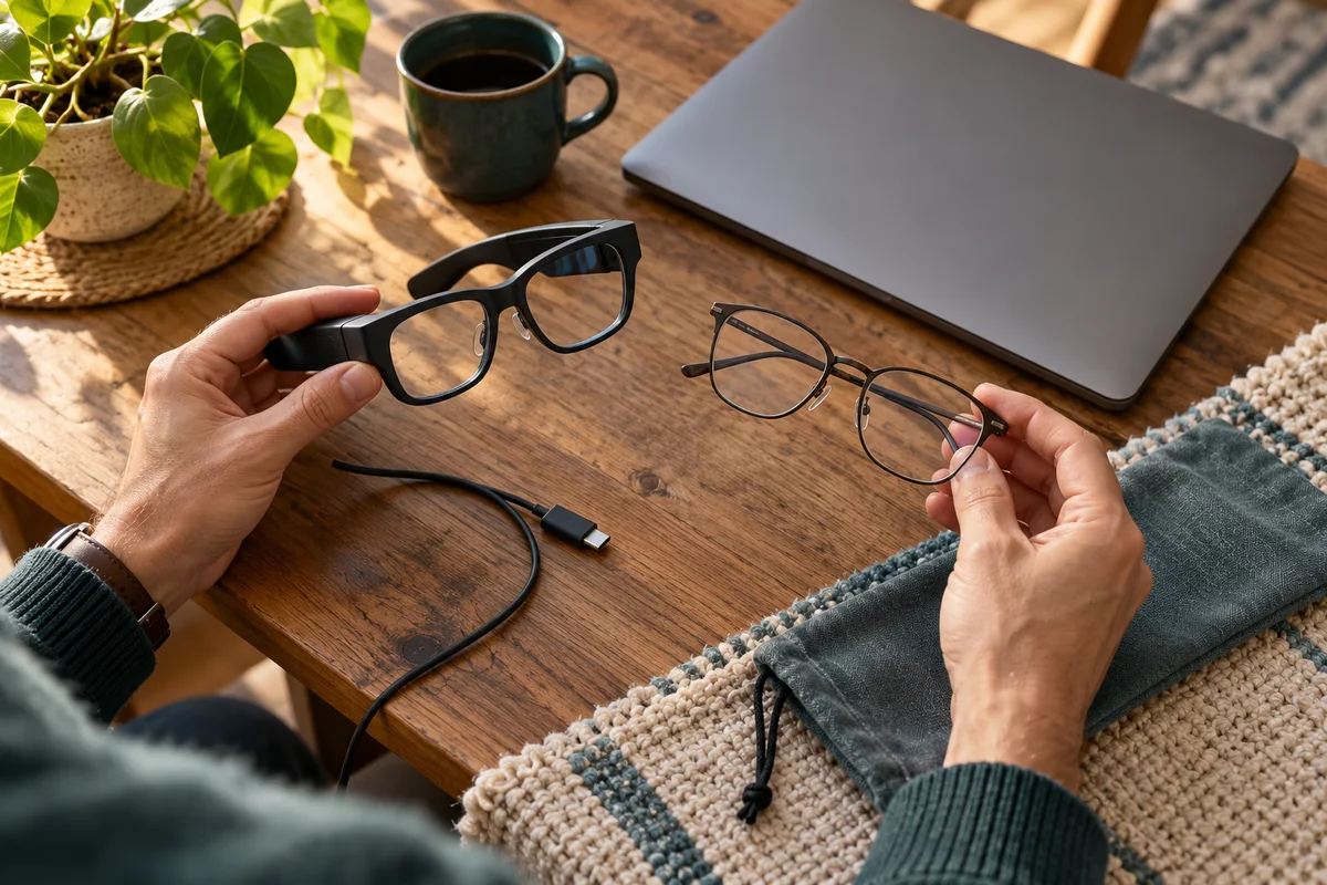 A reader comparing generic display glasses and ordinary-looking smart eyewear on a home table