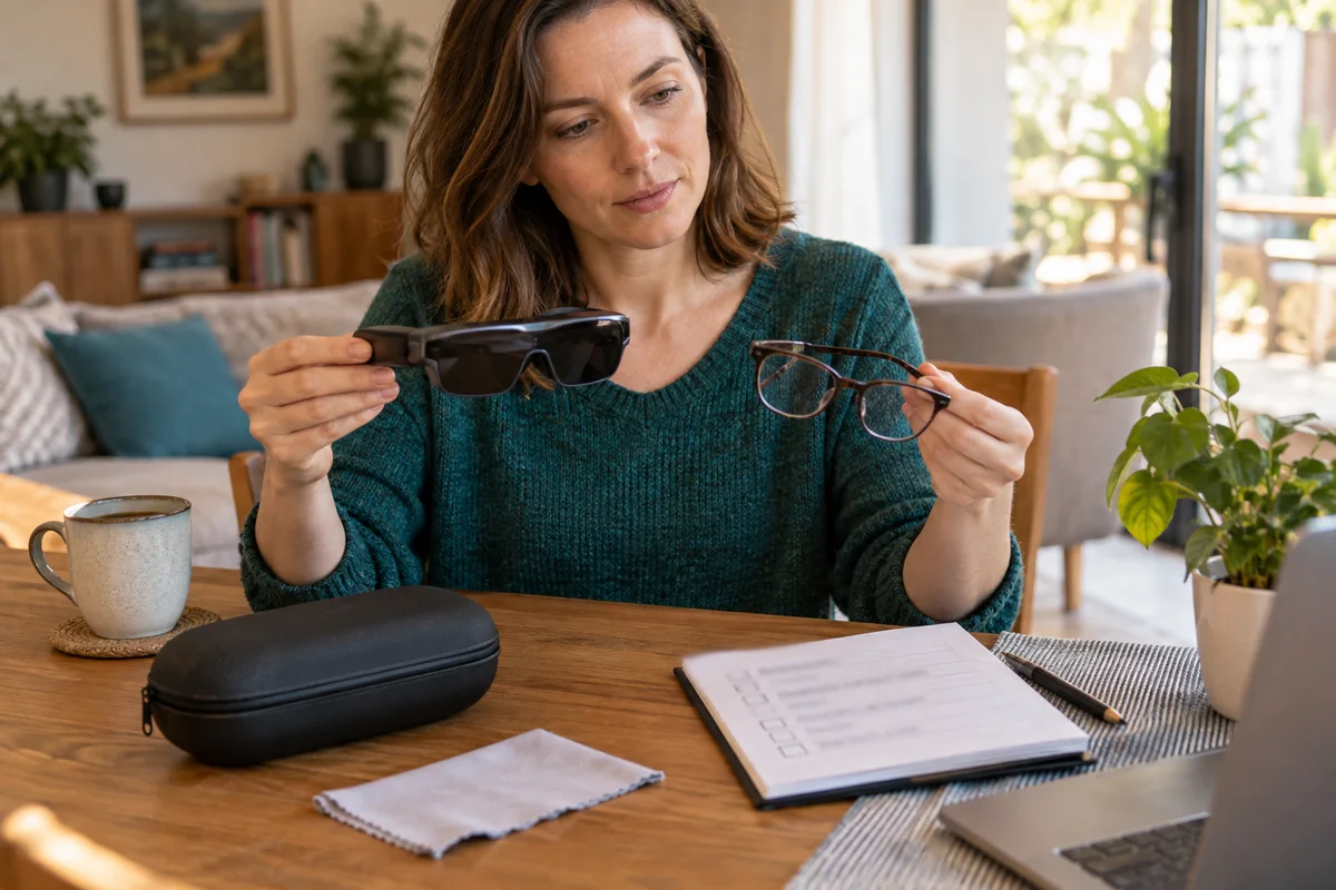 A shopper comparing generic display glasses, everyday spectacles, and a blank lens-order sheet on a home table