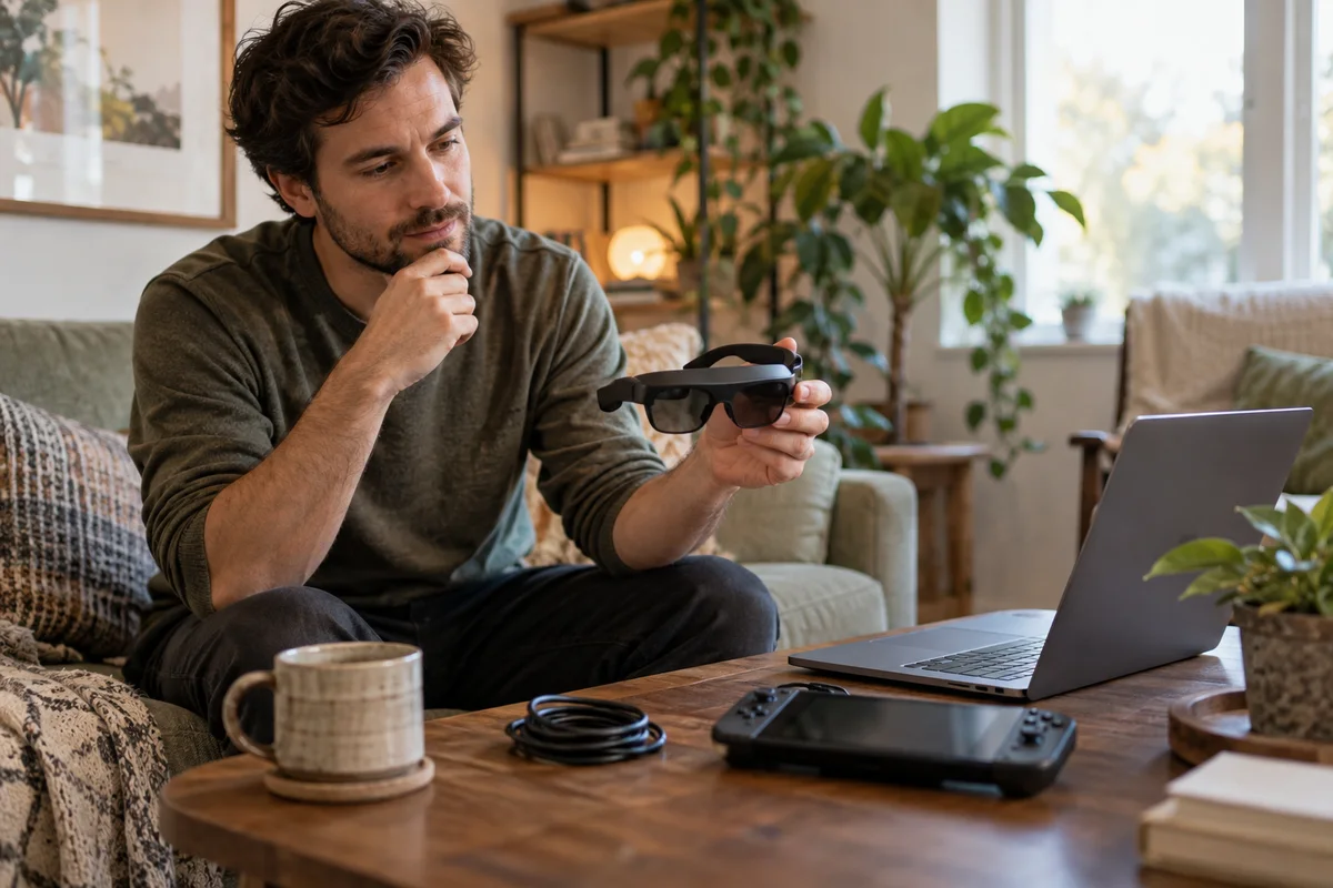 An adult comparing unbranded display glasses with a handheld gaming device and laptop on a living-room table