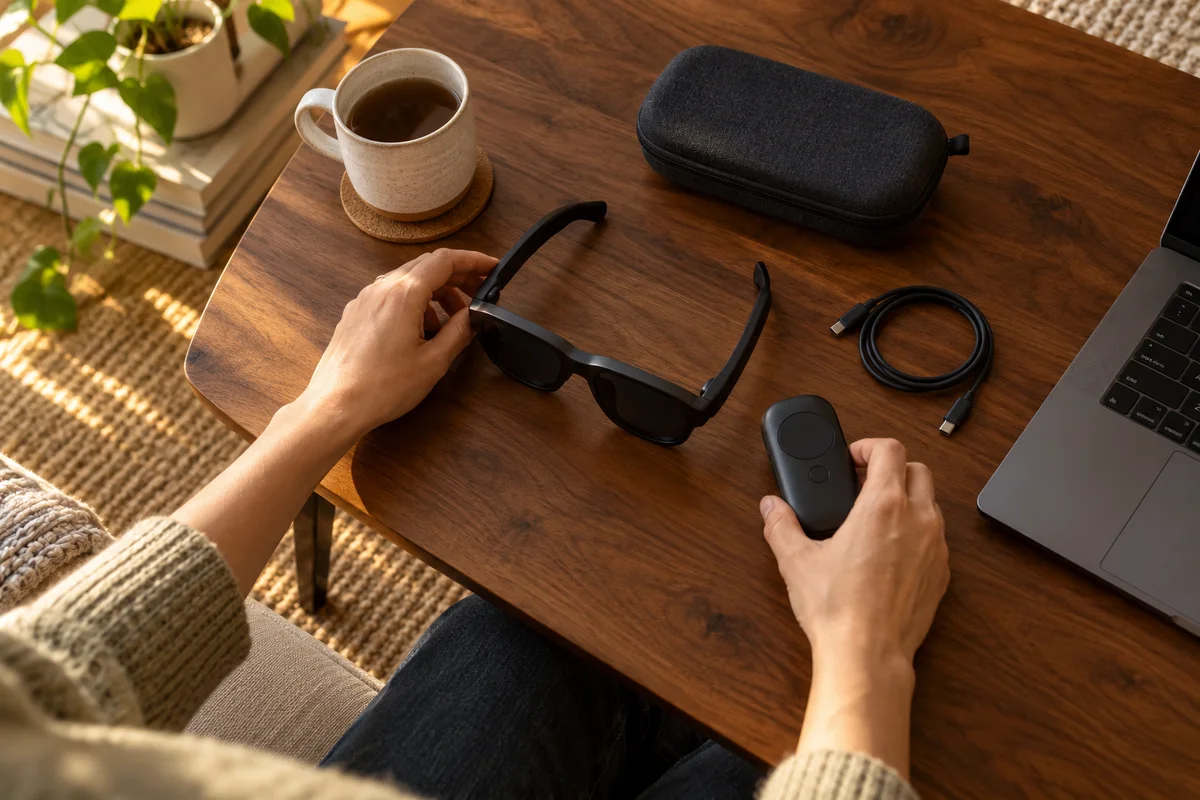 A reader comparing display glasses and a handheld companion on a living-room table