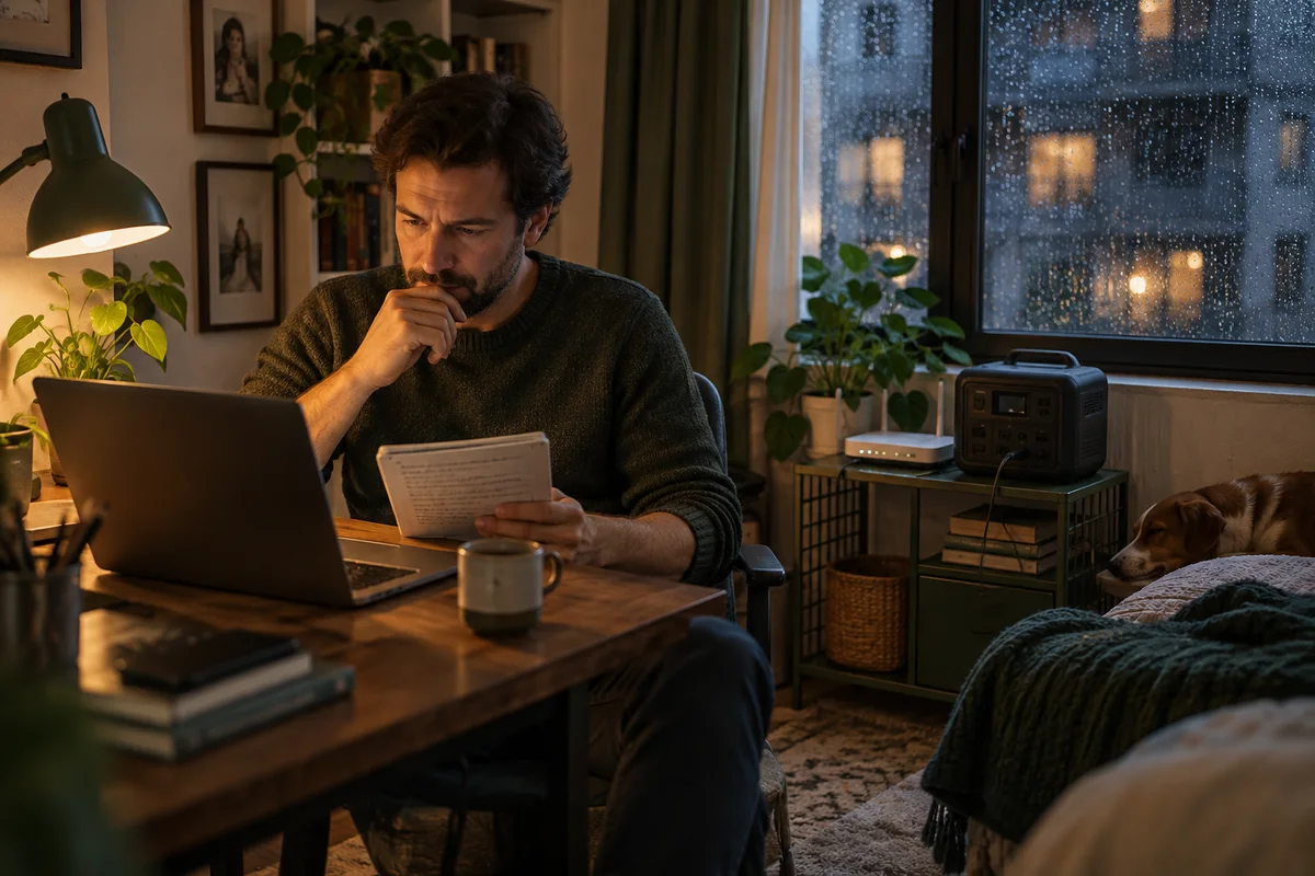 A remote worker checking a laptop and home router beside a battery on a rainy evening