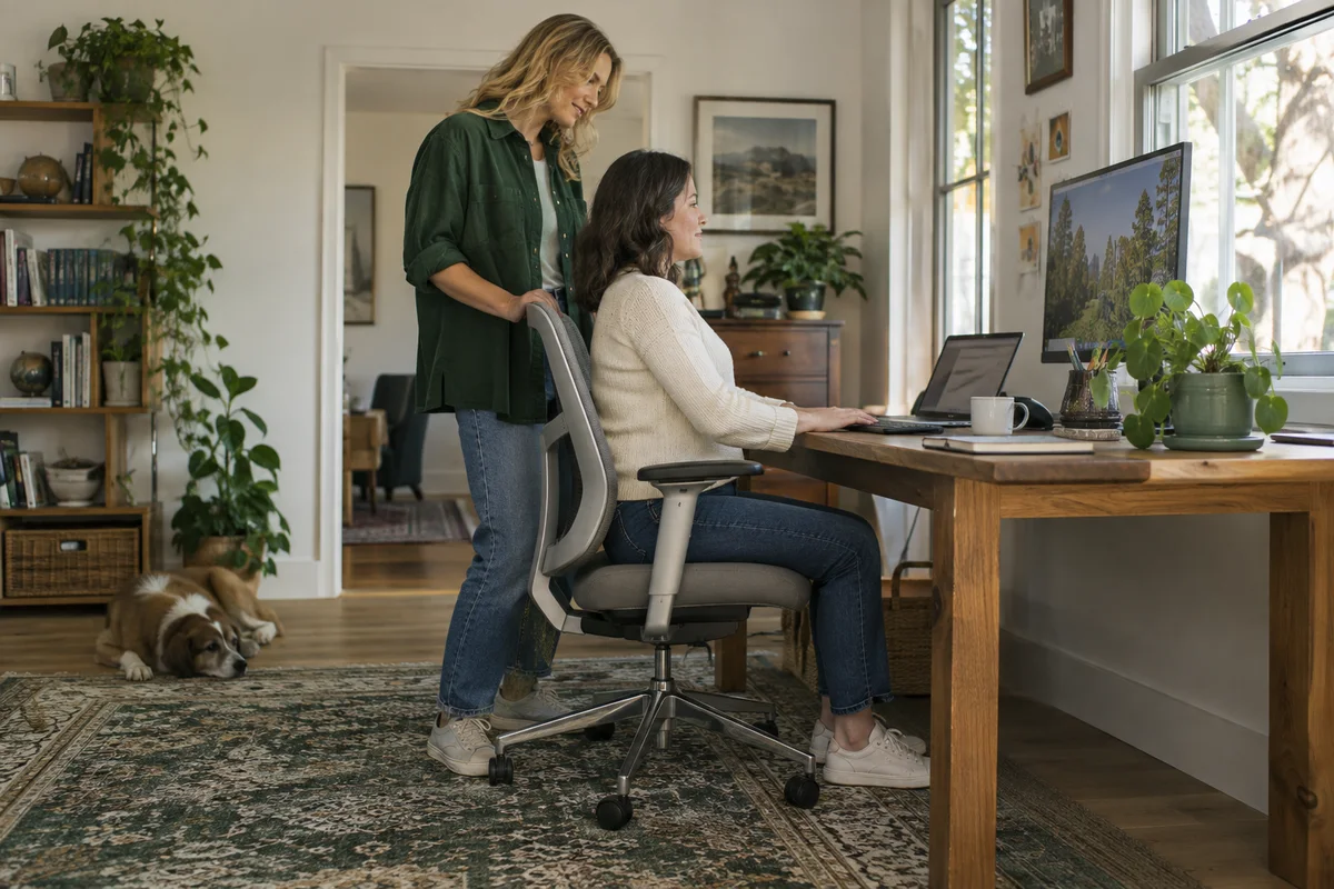 Two adults checking a gray adjustable office chair beside a shared home-office desk