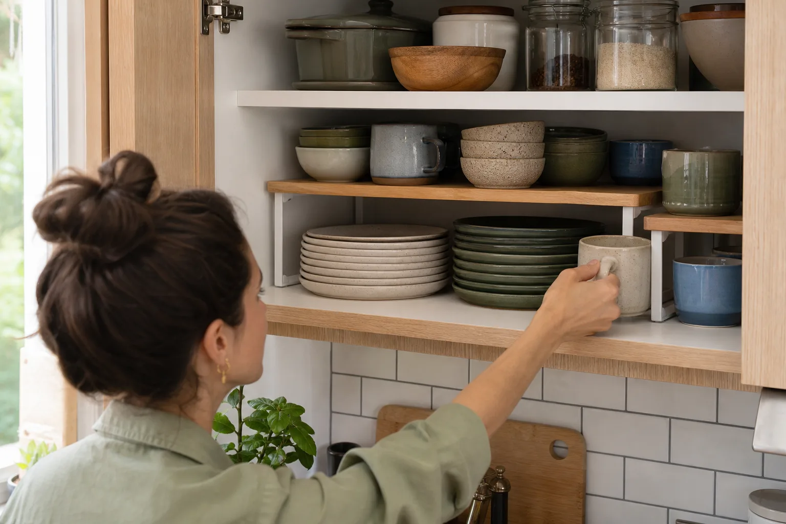 Kitchen cabinet organized with plates and mugs on shelf risers