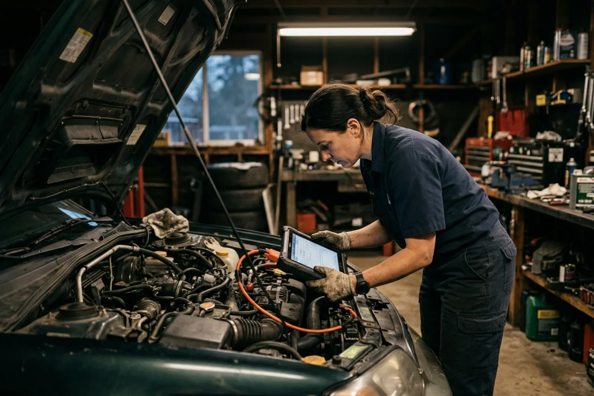 A person leaning over an open car hood in a home garage, holding a tablet-style diagnostic scanner.