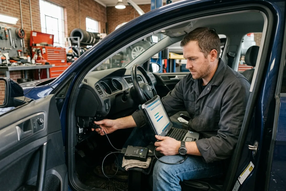 A technician's laptop cabled to a car's diagnostic port inside an independent repair shop bay.