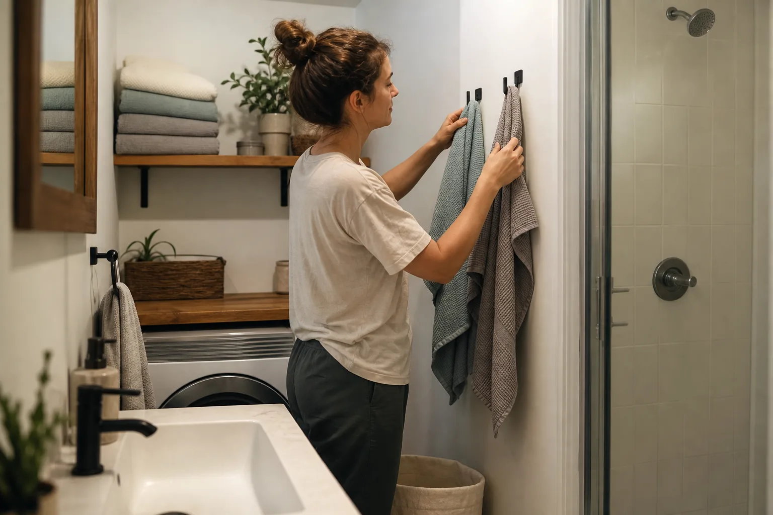 Adult hanging lightweight towels in a compact bathroom