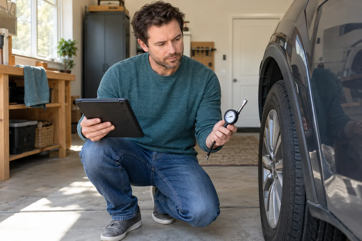 An adult comparing a tire pressure gauge and diagnostic tablet beside a stationary car wheel in a home garage
