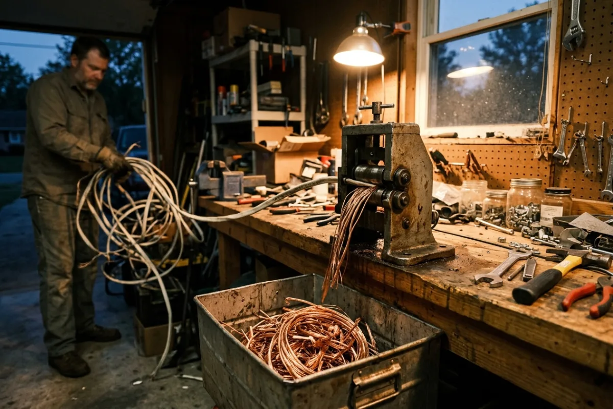 A garage workbench where coiled scrap wire feeds into a compact stripping machine above a bin of bare copper.