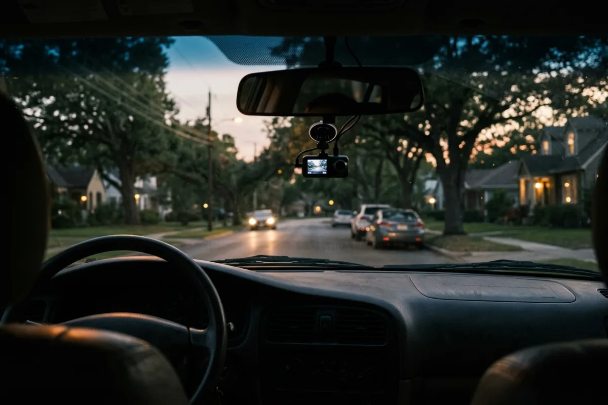 A car dashboard camera glowing softly against a dark street as rain streaks down the windshield at night.