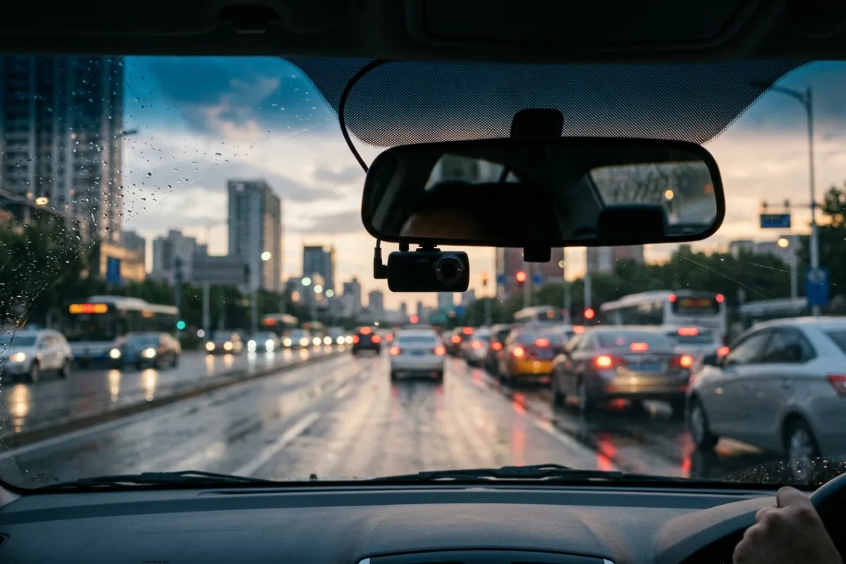 A dash cam mounted behind a car's rearview mirror recording a rain-streaked morning commute through city traffic.