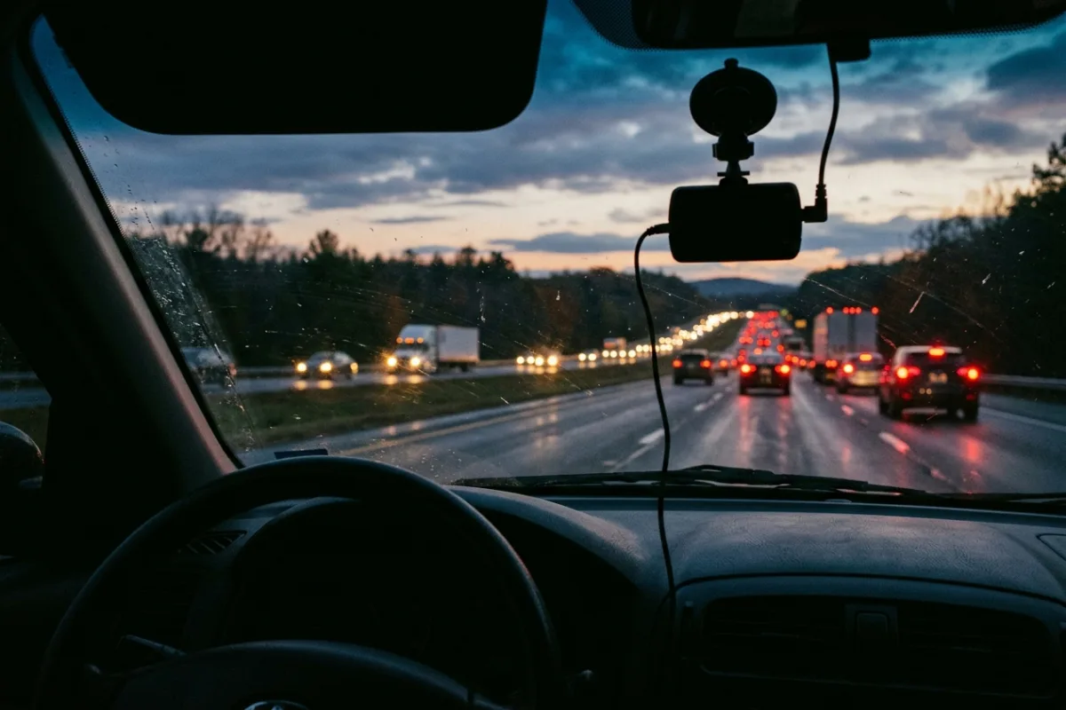 Windshield-mounted camera view of a highway at dusk, tail lights of several cars visible far ahead