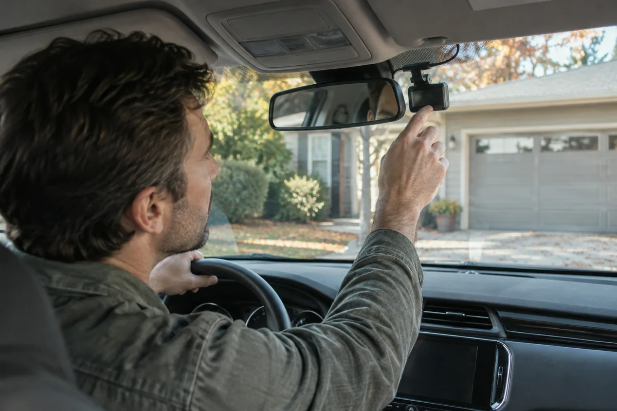 A homeowner looking at a small dashboard camera in a car parked in a residential driveway