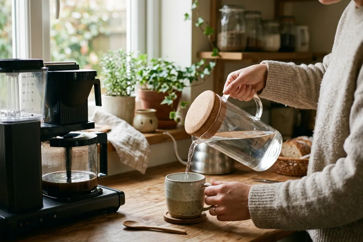 A glass pitcher of filtered water sits on a kitchen counter beside a coffee maker in the morning.