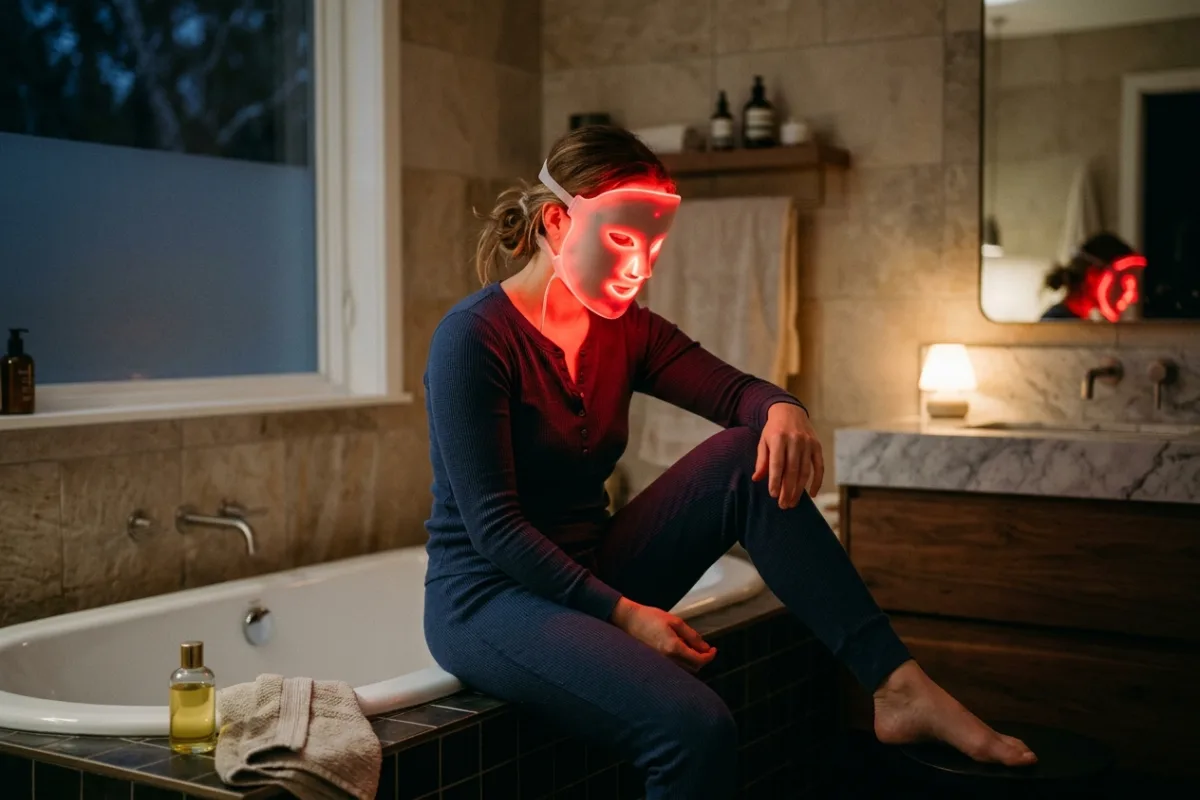 Woman relaxing at home in the evening while wearing a glowing red light therapy face mask