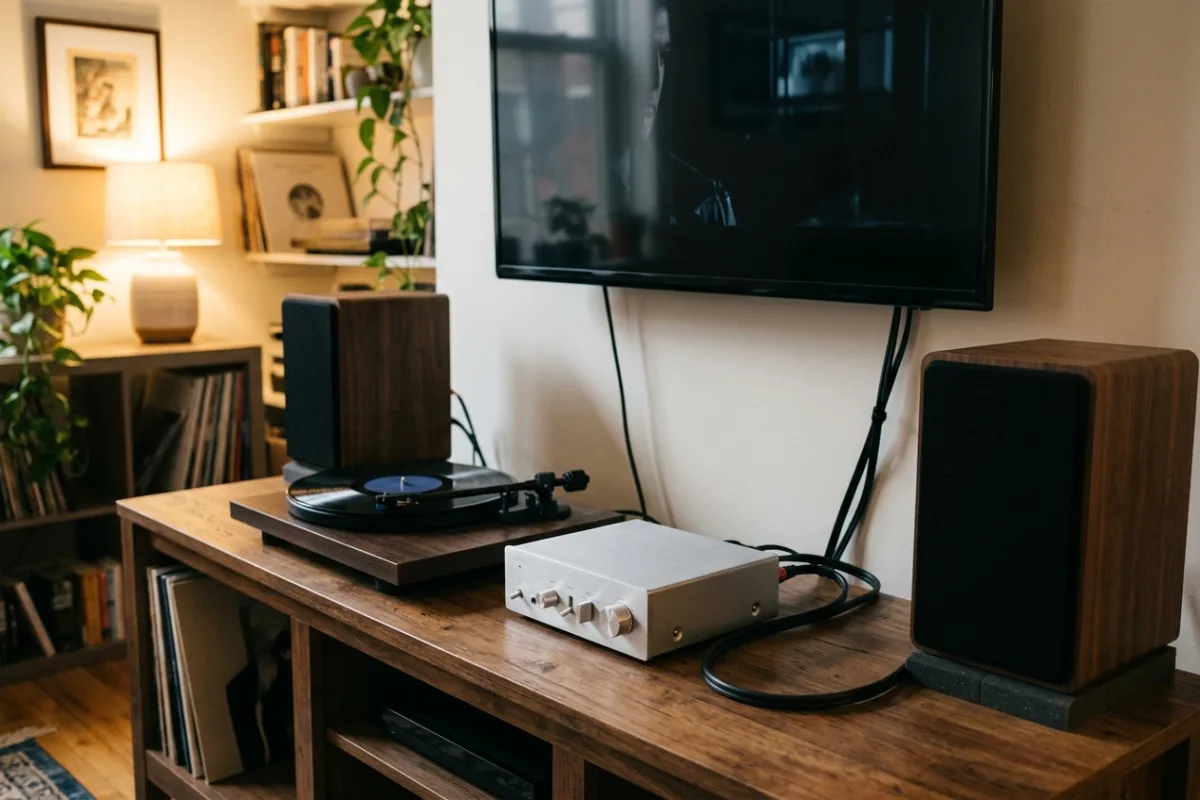 A living room shelf holds a small silver amplifier connected to a pair of bookshelf speakers and a television.