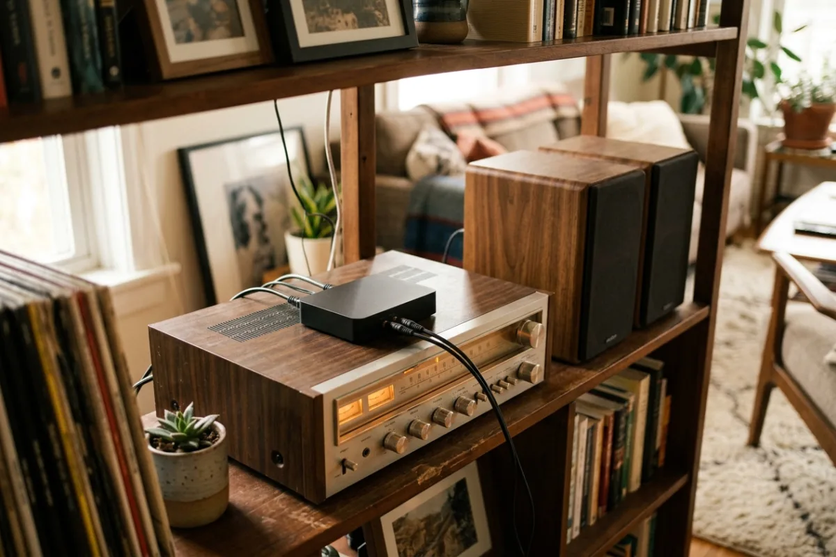 A small streaming box sits on a shelf, connected by cables to an older stereo receiver and bookshelf speakers.