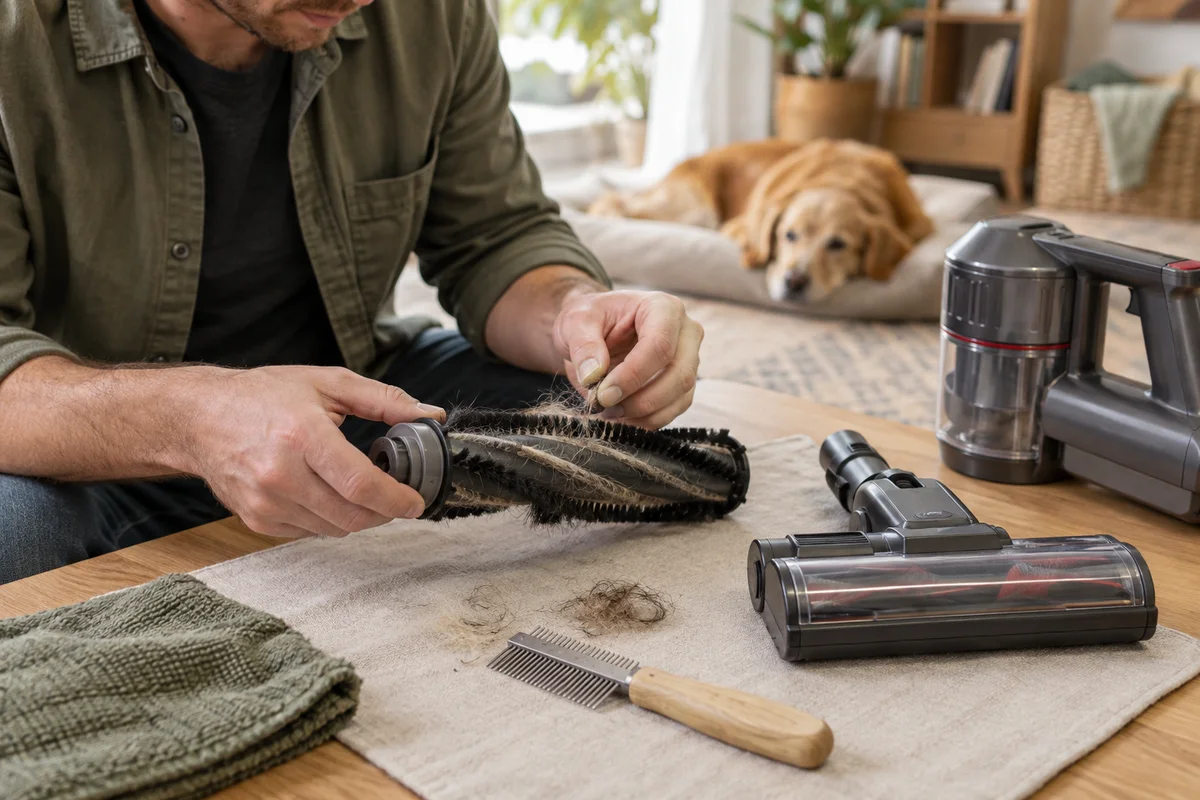 An adult inspecting a detached generic vacuum roller on a dry work mat with a few loose hairs and a grooming brush nearby