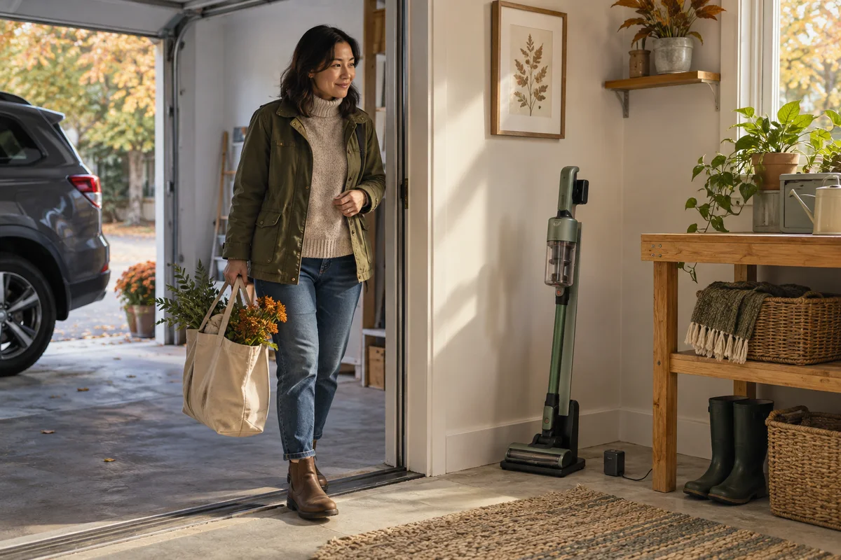 A homeowner comparing a cold garage doorway with a separate dry indoor cordless-vacuum storage spot
