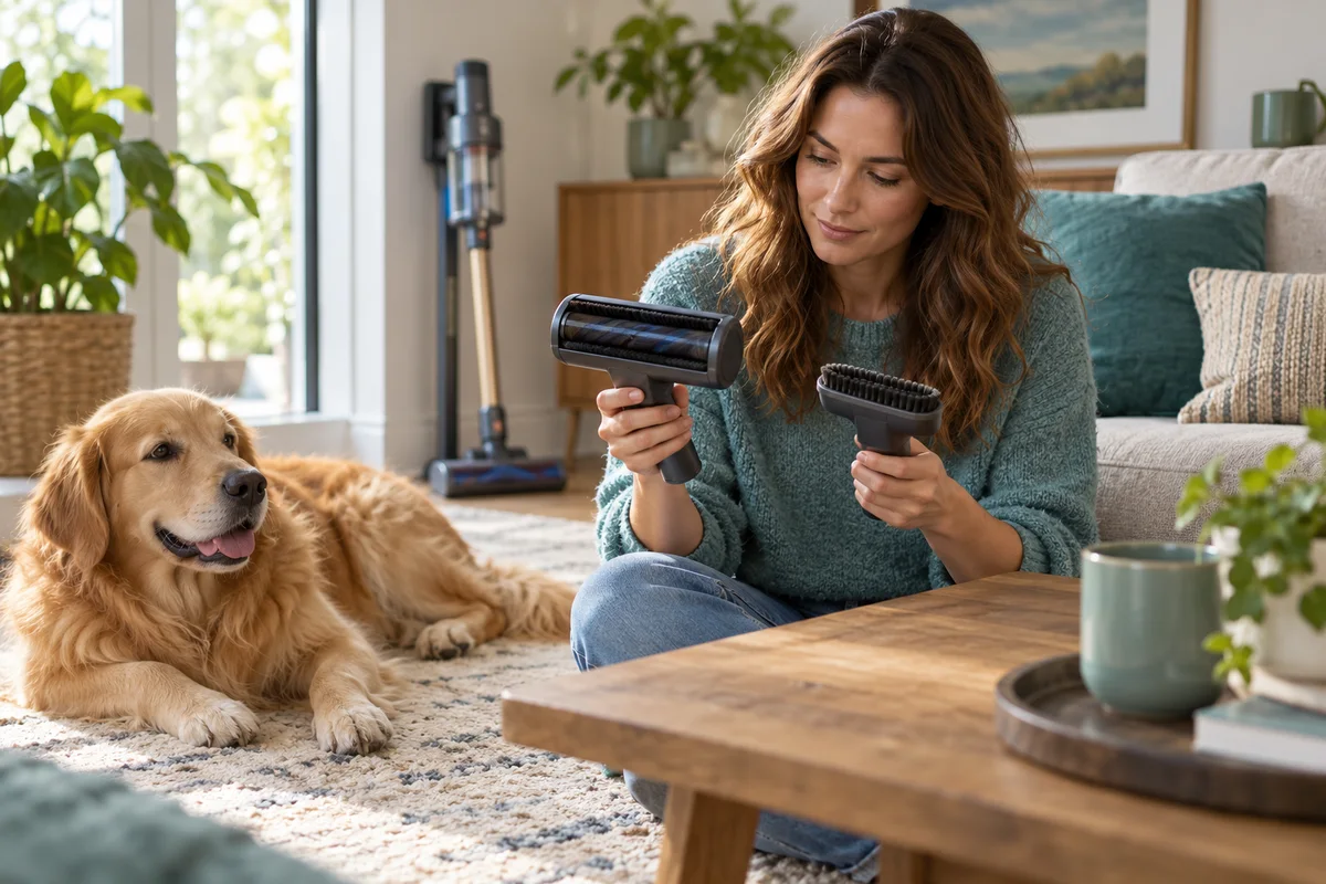 An adult beside a relaxed long-haired dog comparing disconnected vacuum accessories near a sofa