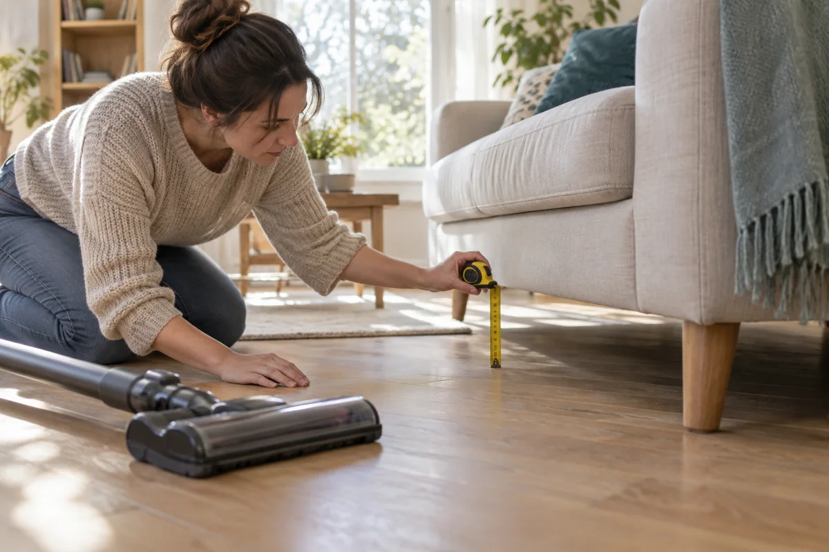 An adult measuring the gap beneath a sofa beside a generic cordless vacuum head